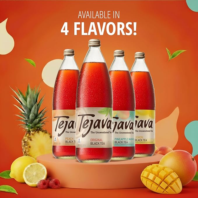Tejava Pineapple Mango Black Iced Tea 12 Pack 1 Liter Glass Bottles Unsweetened Non-GMO Kosher No Sugar or Sweeteners No calories No Preservatives Brewed in Small Batches