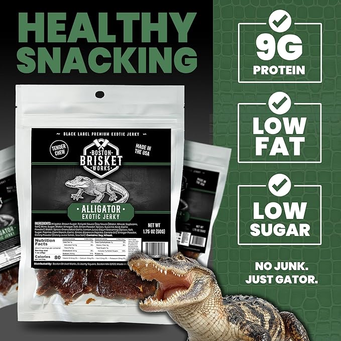 ALLIGATOR JERKY - 100% Gator Meat - Weird Food &amp Exotic Snack - Funny Birthday Present for Him Dad - Bizarre Edible Gift