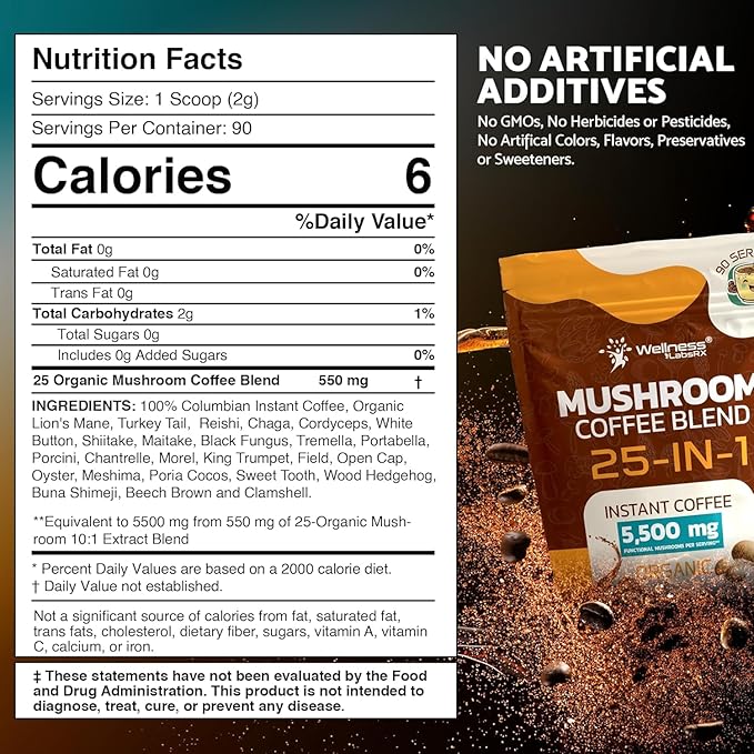 Mushroom Coffee Organic Instant Coffee 25-in-1 Third-Party Tested Keto Friendly Lions Mane Supplement with Functional Mushrooms – Shiitake Reishi Lion’s Mane &amp More | Smooth Rich Flavor - 90