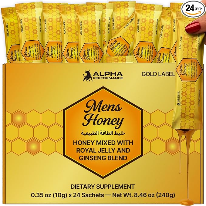 Mens Gold Honey - Royal Jelly Honey for Men Extra Strength Quality Herbal Superfood Mix - Raw &amp Natural Energy &amp Power Supplement No Added Sugar - 24 Individual Packets 10g