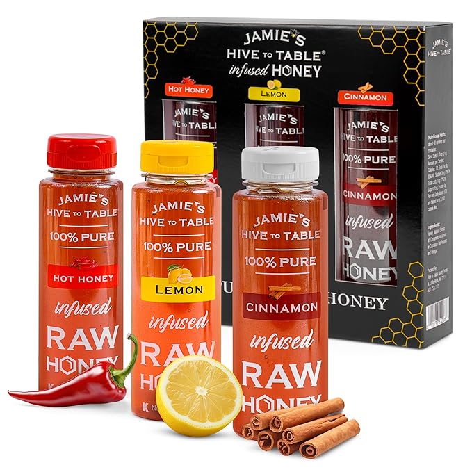 Jamie's Hive to Table Infused Honey Gift Set – Hot Lemon and Cinnamon Flavors 36 Oz Pack of 3 Squeeze Bottles – 100% Natural Raw Honey