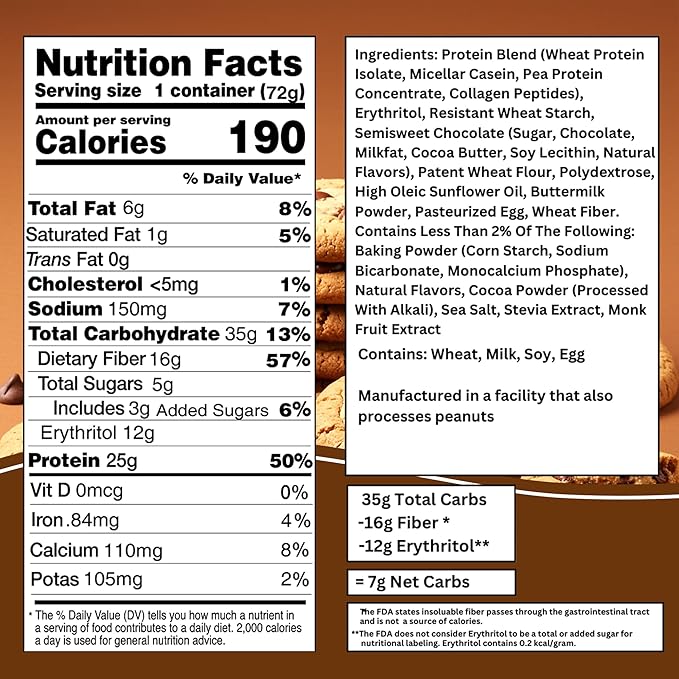 Bootylicious | 25g Protein Muffin | Chocolate Chip | Low Carb 16g Fiber Low Glycimic Index Low Sugar 2.39oz Cup 12-Pack