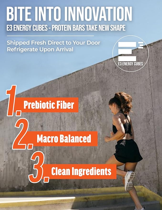 E3 Energy Cubes- Orange Cranberry Refrigerated Protein Bars | Gluten Free Dairy Free Soy Free Non-GMO Macro Smart Prebiotic Fiber Prebiotic Fiber | High-Protein Healthy Snack Bars | Made in USA