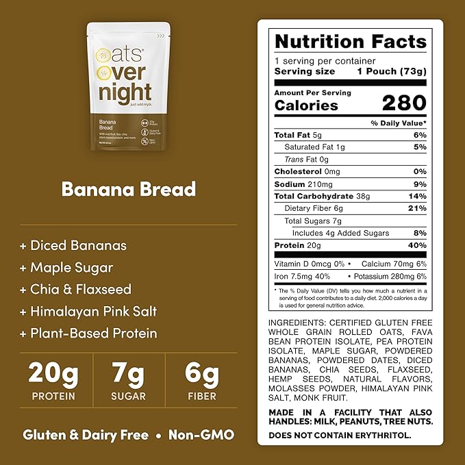 Oats Overnight Banana Bread 8 Pack &amp Blueberry Cobbler 8 Pack - Vegan 20g Protein High Fiber Breakfast Shake - Gluten Free Non GMO Oatmeal