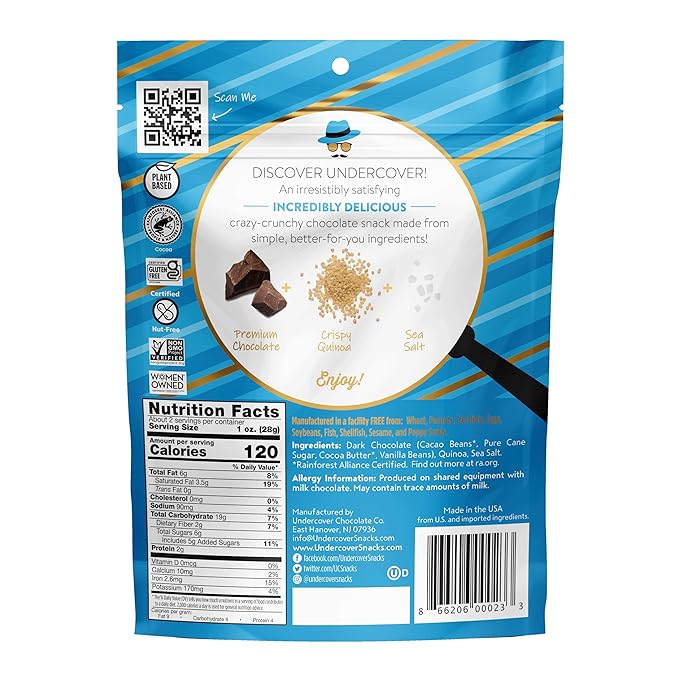Undercover Chocolate Quinoa Crisps - Dark Chocolate + Sea Salt Quinoa Crisps | 8-Pack 2oz Bags | Gluten Free Nut-Free Allergen Friendly Kosher Plant-Based