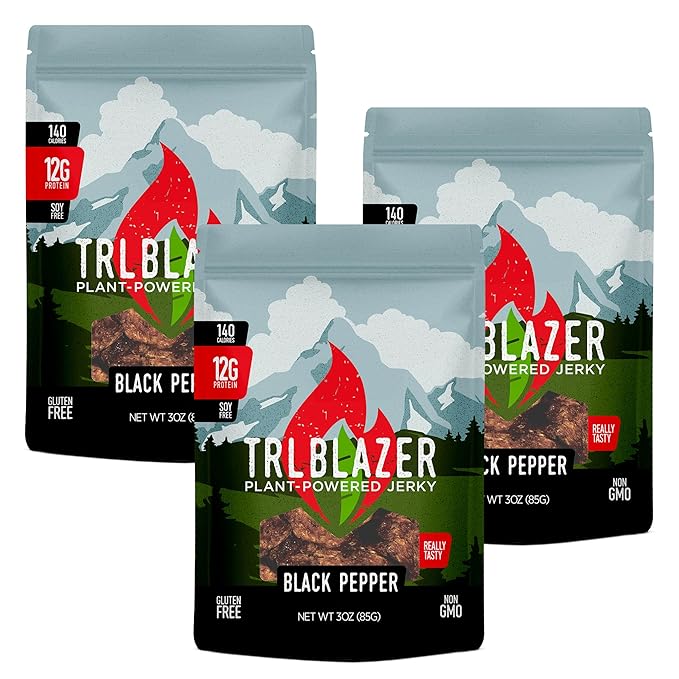 TrlBlazer Plant Powered Vegan Jerky – High Protein All Natural Vegan Meat Snack – 12g Plant-Based Protein – Soy-Free Gluten Free Non-GMO – 3 Pack – 3 oz Bags (9 Ounce Black Pepper)