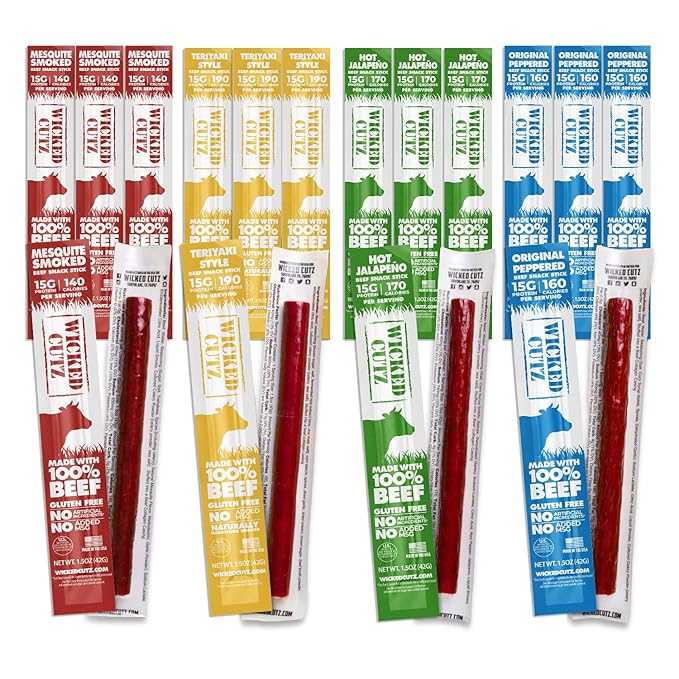 Wicked Cutz Beef Sticks Variety Pack | 4 Flavors up to 15g Protein Per Meat Stick | Extra Large Tender Easy to Chew USA Made High Protein Carnivore Snacks | Unique Gifts for Men (48 Pack)