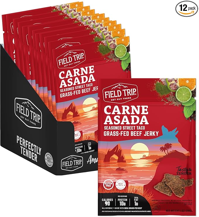 Field Trip Grass Fed Beef Jerky Healthy Gluten Free Snacks All Natural Paleo-Friendly Beef Jerky High Protein Low Carb Snack with No Nitrates 1oz Bag 12 Pack Carne Asada