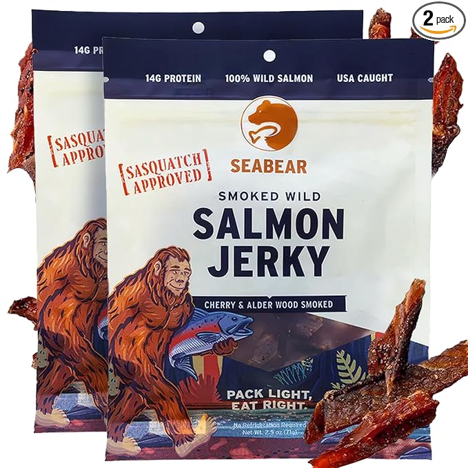 SeaBear Sasquatch Approved Smoked Salmon Jerky 2-Pack Wild Alaskan King Salmon High-Protein Snack Smoked &amp Ready to Eat Salmon Jerky 2.5 oz Bag (Pack of 2)