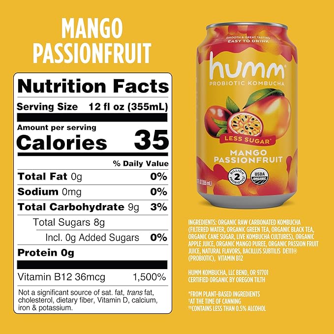 Humm Kombucha Mango Passionfruit Organic Vegan &amp GMO Free (24 Pack)
