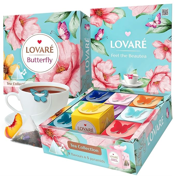 LOVARE Assorted Tea Pyramid Bags 45 Pack - Made in Ukraine - 9 Tastes of Tea Sampler Pyramids - Assortment with Black and Green Tea Fruits Flowers Berries - Flavored Gift Box