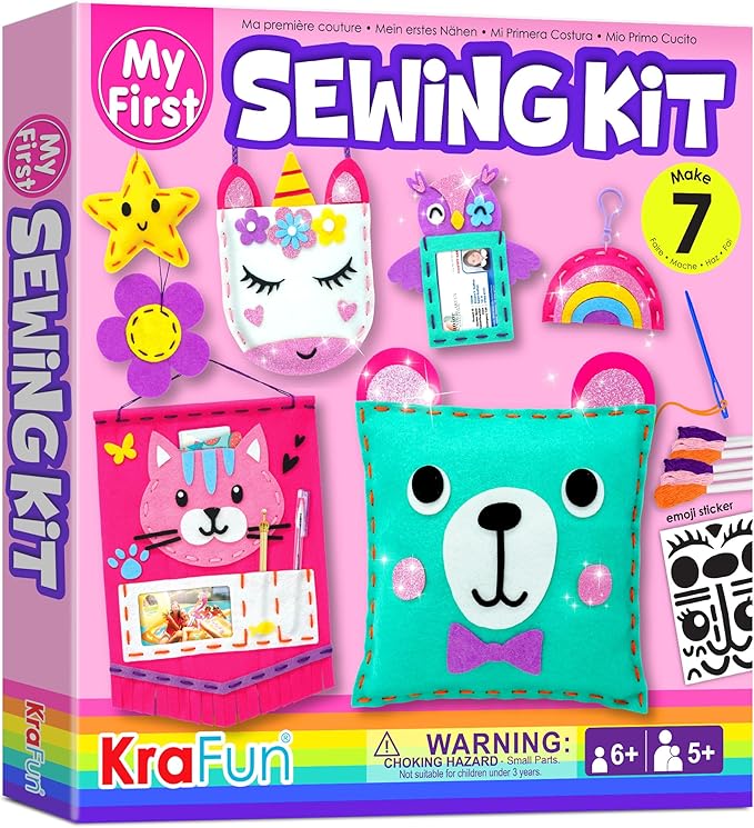 KRAFUN My First Sewing Kit for Beginner Kids Arts &amp Crafts 7 Easy DIY Projects of Stuffed Animal Dolls and Plush Pillow Craft Instructions &amp Felt Gift for Girls Boys Learn to Sew Embroid