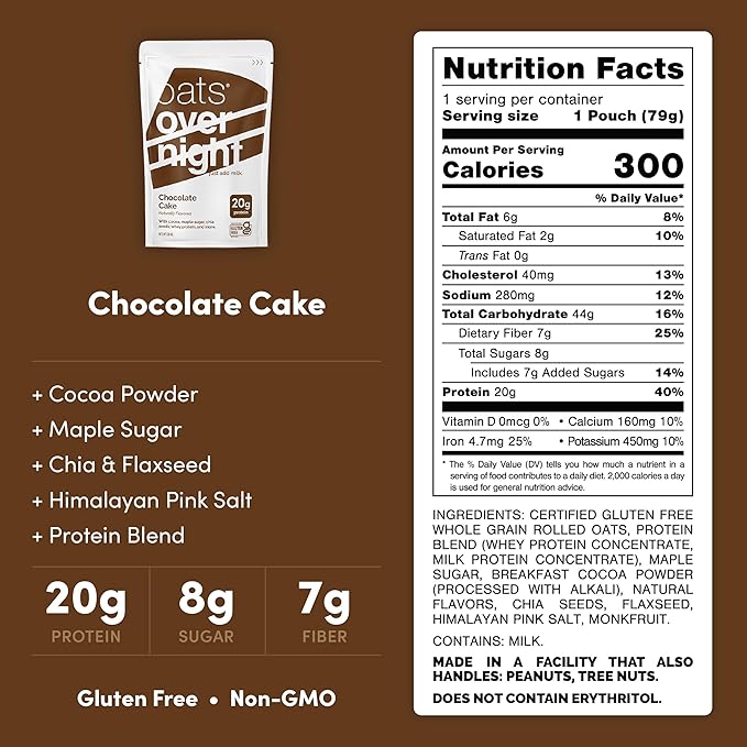 Oats Overnight Chocolate Cake - Overnight Oats with 20g Whey Protein High Fiber Breakfast Protein Shake - Gluten Free Oatmeal Non GMO High Protein Oatmeal (2.8 oz per Meal) (24 Pack)