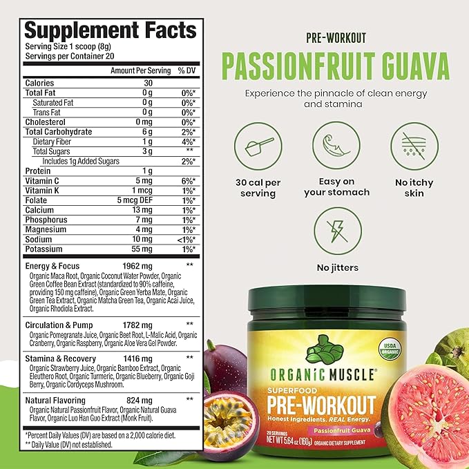Organic Muscle Organic Pre Workout Powder Passionfruit Guava — USDA Organic Superfood Blend | Maca Beet Root Cordyceps Rhodiola | 150mg Natural Caffeine Vegan No Jitters 20 Servings