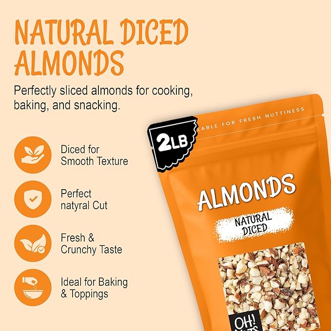 Oh! Nuts Almonds Natural Diced - Raw - 100% Natural - 2 lb - High-Protein Diced Almonds - Packed in New York Zip-Seal Bag for Exceptional Freshness