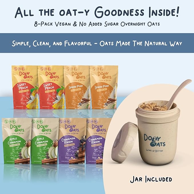 Dozy Oats Overnight Oatmeal Packets Vegan/No Added Sugar Variety Box with Rolled Oats Chia Seeds Date Powder and Dried Fruit. Gluten-Free Natural Source of Protein and Fiber 8-Pack and Jar