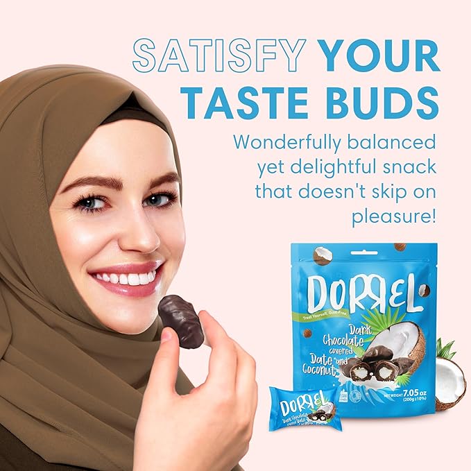 DORREL - Belgian Dark Chocolate Covered Dates (Medjool) with Coconut Stuffing High Energy Vegan Choco Snack Delicious Kosher &amp Non-GMO Pack of 3 Stuffed Chocolate Dates 7.05 oz / 200 g Ea