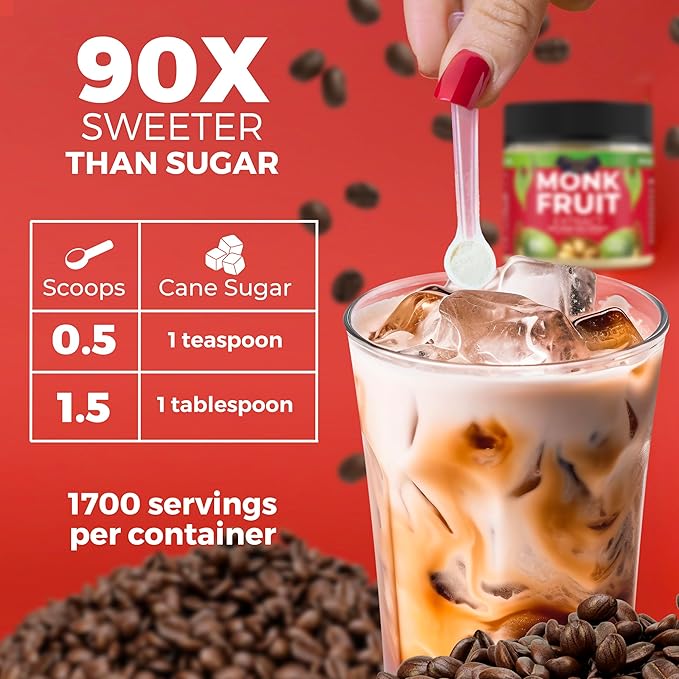 100% Monk Fruit Extract (90X Sweeter Than Sugar) Monk Fruit Sweetener No Erythritol Sugar Substitute Zero Calories Zero Glycemic Non-GMO 25% Mogroside V by Transparency Foods (3oz 1700 servings)