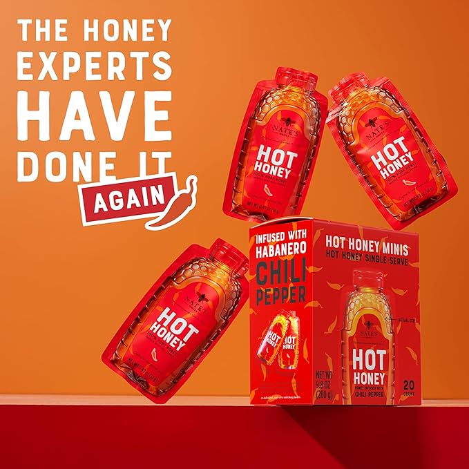 Nate's Bulk 400ct Hot Honey Minis - Single-Serve 100% Pure Honey Infused with Habanero Chili Pepper – 0.49oz Packets 400ct box
