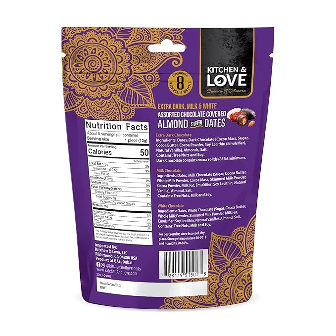 Kitchen &amp Love Assorted Chocolate Covered Almond Stuffed Dates in a Convenient Resealable Pouch 8 Individually Wrapped Pieces Healthy Snack 3.5 oz pouch (Pack of 4)