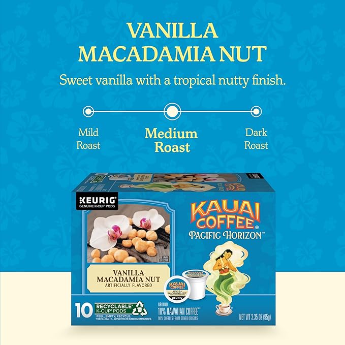 Kauai Coffee K-Cup Pods for Keurig Brewers – Arabica Coffee 10% Hawaiian – Medium Roast Vanilla Beans with Toasted Macabamia Nuts – Vanilla Macadamia Nut 6 Packs of 10 Single Serve K-Cups