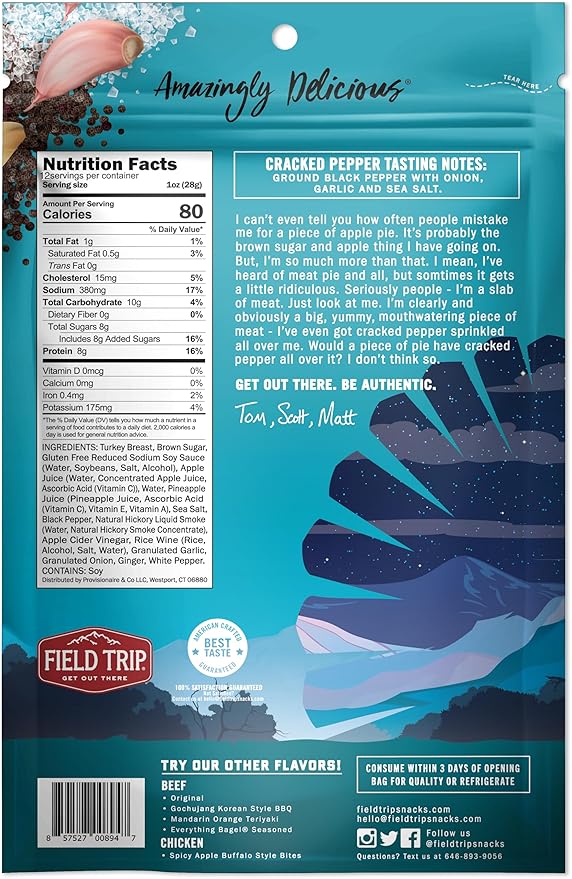 Field Trip Turkey Jerky All Natural Gluten Free Dried Turkey Meat Healthy Paleo-Friendly Low Carb Snack High Protein Snacks with No Nitrates 12oz Bag Cracked Pepper