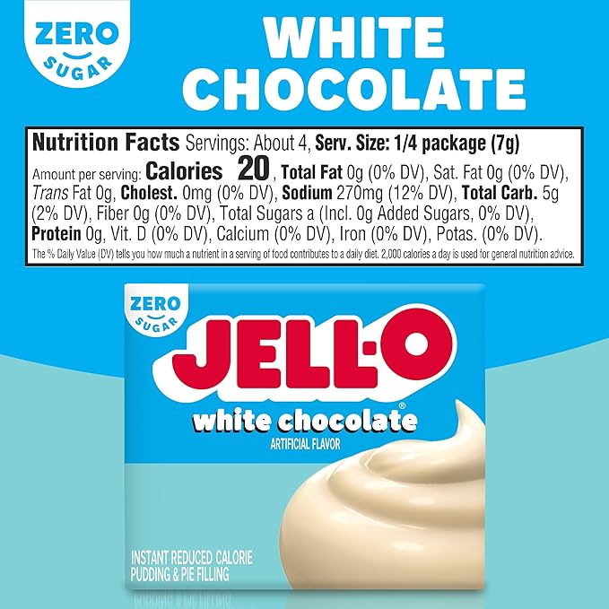 Jell-O Zero Sugar Instant Pudding &amp Pie Filling Mix White Chocolate Flavor Sugar Free &amp Fat Free Reduced Calorie Dessert for Baking Pies &amp No-Bake Recipes 1 oz (Pack of 24)