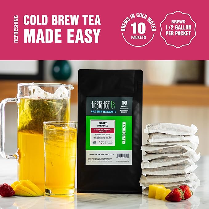 Tiesta Tea - Fruity Paradise Cold Brew Loose Leaf Strawberry Pineapple Green Tea Medium Caffeinated Cold Brew Packets Makes 64 oz of Pitcher Per Bag (Pack of 10)