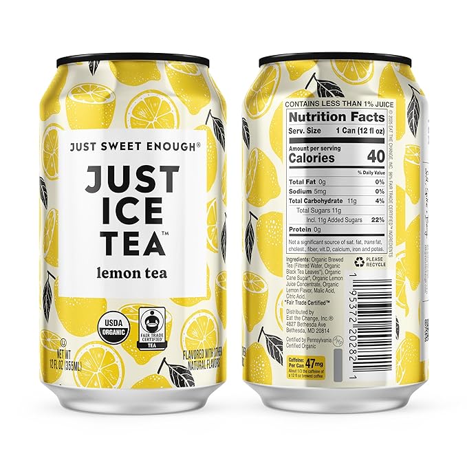 Just Ice Tea Lemon Flavored Black Iced Tea 24-Pack (12oz Cans) USDA Certified Organic Real Brewed Low Calorie No Artificial Sweeteners Fair Trade Made in USA.