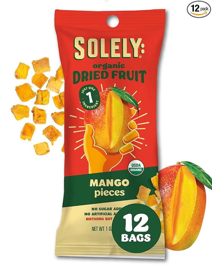 SOLELY - Organic Dried Fruit Mango Pieces (1 Box 12 Single Serving Bags per Box) - Real Fresh Fruit - Healthy Snacks for Adults &amp Kids - Non GMO Vegan Snacks Shelf Stable - 12 Bags (1 oz)