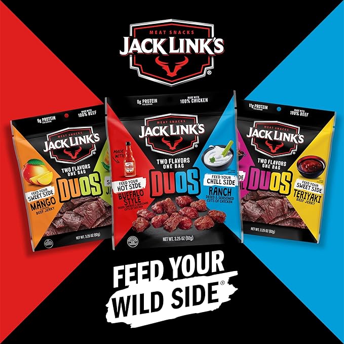 Jack Link's DUOs Frank's RedHot Buffalo Style With Creamy Ranch Flavor Chicken Bites Under 100 Calories Snacks 8g of Protein Feed Your Beast Side With Individual Meat Snack Bags – 2.85oz (8 Count)