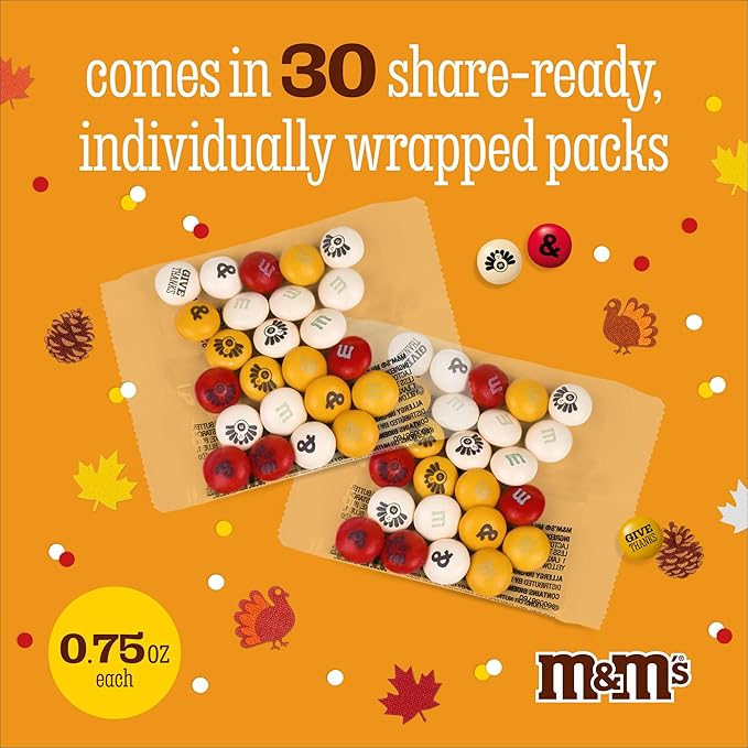 M&ampM'S Thanksgiving Candy Favors Set of 30 Mini Chocolate Pouches for Kids Turkey-Themed Snack Bags for Fall Table Decor Office Gifts Classroom Treats Dessert Buffets and Party Favors