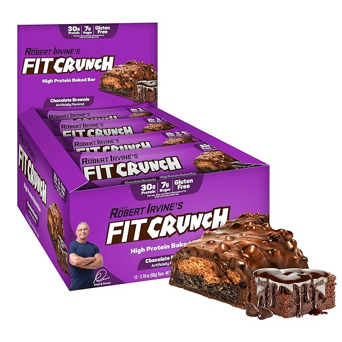 FITCRUNCH Full Size Protein Bars 6-Layer Baked Bar 7g of Sugar Gluten Free &amp Soft Cake Core (12 Full Size Bars Chocolate Brownie)