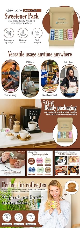 Assorted Sugar and Sweetener Packets for Home Office &amp Travel 350 Pack