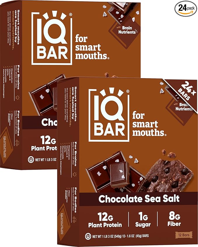 IQBAR Clean Plant Protein Bars - Chocolate Sea Salt - 24 Count - Keto Vegan High Fiber Gluten and Dairy Free Low Sugar Snack - Brain and Body Nutrients for Focus Energy Meal Replacement