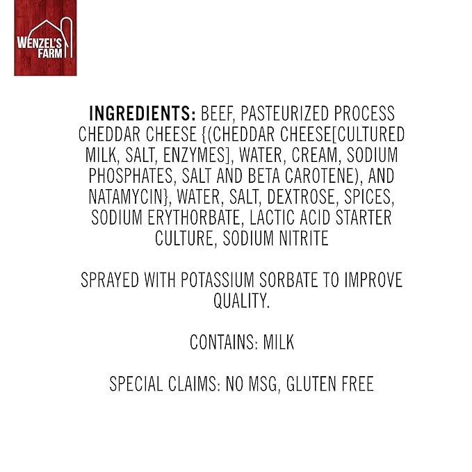 Wenzel’s Farm Beef with Cheddar Sticks │Snack Sticks │ Flavorful Naturally Smoked │ High Protein Low Carb │ No MSG Fillers Binders Artificial Colors │ Gluten Free | 32 sticks (16 packs of 2)