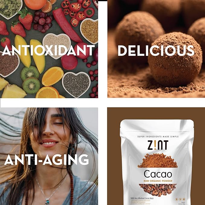 Zint Organic Cacao Powder (32 oz): Paleo-Certified Organic Non GMO Anti Aging Antioxidant Superfood Gluten Free Cocoa Cacao Beans Pure Delicious Chocolate Essence 32 Ounce