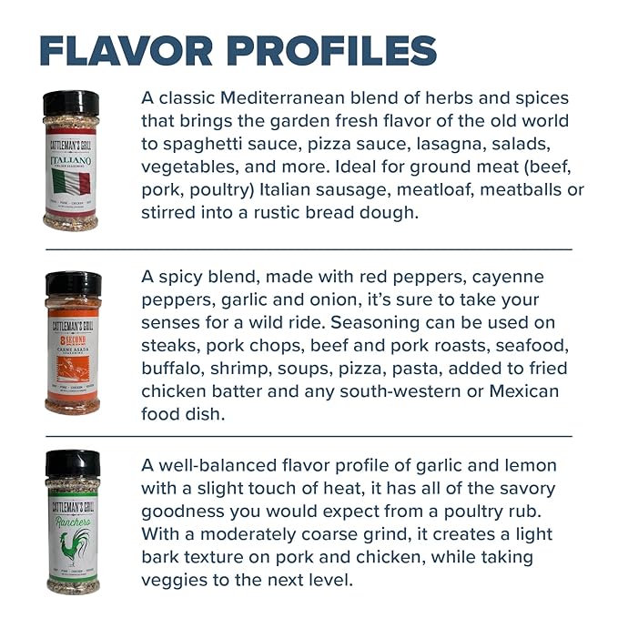 Cattleman's Grill 3-Pack Gift Set BBQ Rub 8 Second Ride Carne Asada Italiano Ranchero Flavors Rub and Seasoning for Steak Pork Chicken Beef Veggies 5 to 6oz Bottles by Pinnacle Mercantile