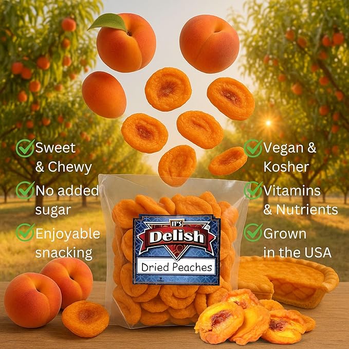 Dried Peaches by It's Delish 1 Lb (16 Oz) Bag | Naturally Sweet Fancy Peach Halves Slices No Sugar Added Dried Fruit Healthy Snacks Fresh and Dry Sliced Peaches Snack | Vegan Kosher