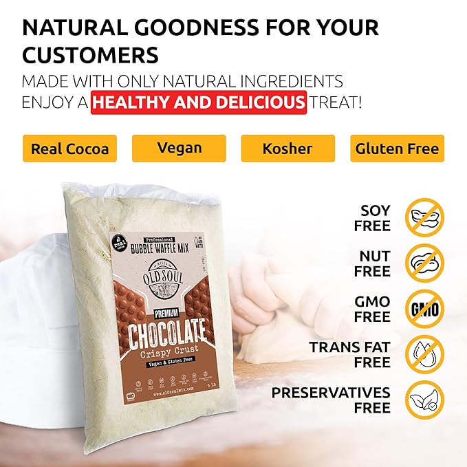 OldSoul Professional Bubble Waffle Mix | GLUTEN FREE &amp VEGAN | Crispy | 30 Lbs | Chocolate Flavor | Egg Waffle Mix | 168 Waffles (30 Lbs Gluten Free &amp Vegan)