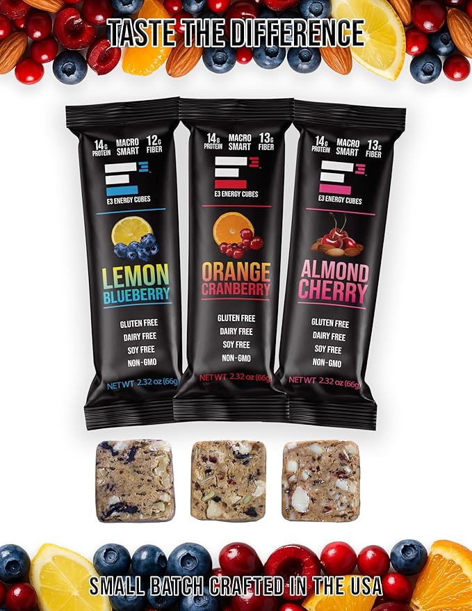 E3 Energy Cubes- Fruit Fanatic Variety Pack - Almond Cherry Orange Cranberry &amp Lemon Blueberry Refrigerated Protein Bars - 66g Protein Per Bar | Gluten Free Dairy Free Soy Free Non-GMO No Ar
