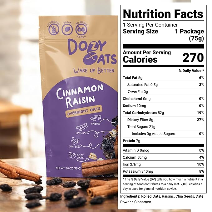 Dozy Oats Overnight Oatmeal Packets Cinnamon Raisin Multipack with Rolled Oats Chia Seeds Date Powder Cinnamon and Raisins. Gluten-Free Natural Source of Protein and Fiber 16-Pack