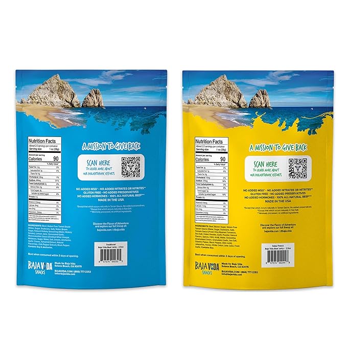 BAJA BEEF Jerky Snack Packs - Beef Jerky Variety Pack Beef Jerky Gifts for Men Beef Jerky Sampler High Protein Craft Jerky Assortment Gluten Free - Traditional &amp Salsa Fresca 2.5 Oz Bags (4 P