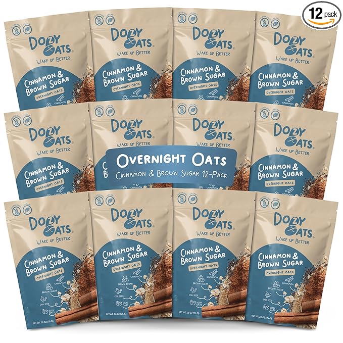 Dozy Oats Overnight Oatmeal Packets Cinnamon and Brown Sugar Multipack with Rolled Oats and Chia Seeds. Gluten-Free Natural Source of Protein and Fiber 12-Pack