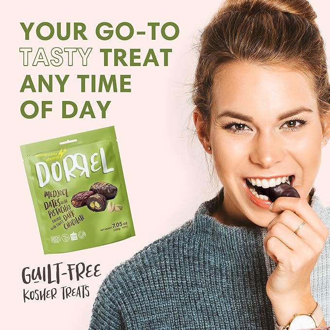 DORREL - Belgian Dark Chocolate Covered Dates (Medjool) with Pistachio Stuffing High Energy Vegan Choco Snack Delicious Kosher &amp Non-GMO Pack of 3 Stuffed Chocolate Dates 7.05 oz / 200 g Ea