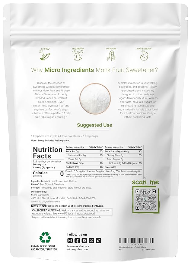 Monk Fruit Sweetener with Allulose 2 lbs | No Erythritol | No Aftertaste 1:1 White Sugar Substitute Keto &amp Vegan Friendly Zero Calorie | Great for Drinks Coffee Tea Cookies | Non-GMO