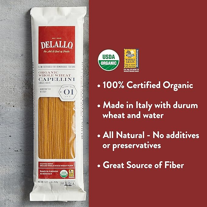 DeLallo Whole Wheat Capellini Pasta 1 Pound Bag 8 Pack Authentic Angel Hair Noodles 100% Durum Wheat Made in Italy