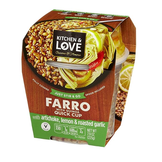 Kitchen &amp Love Cooked Farro Artichoke Lemon &amp Roasted Garlic Ready to Eat Quick Cups Shelf Stable Non Gmo Dairy Free Plant Based Kosher Vegan Vegetarian 7.9 Oz (6-Pack)