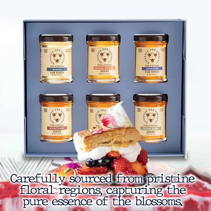Savannah Bee Company Blossom to Bottle - 6 Jars of Different Varieties of Organic Honey in Unique Packaging