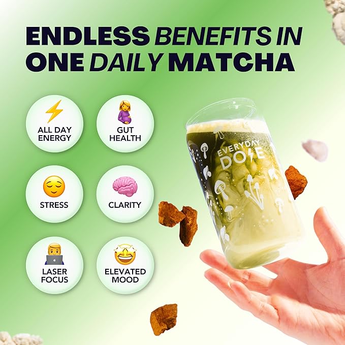 Everyday Dose Mushroom Matcha+ Ceremonial Grade Matcha Powder - Japanese Tea With Grass-Fed Collagen Lion's Mane Chaga L-Theanine - For Better Focus Energy Digestion and Immunity - 30 Servings